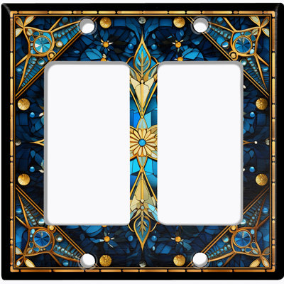 Metal Light Switch Plate Cover; US Standard Size 2 Gang GFI Rocker - Printed Image of Stained Glass Floral Emblem