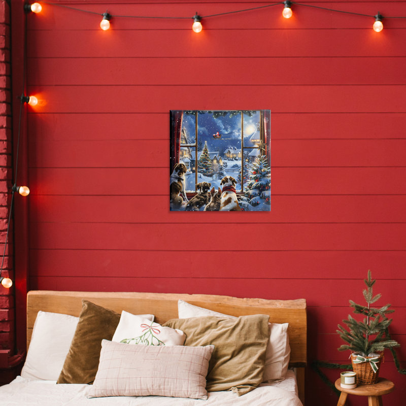 Chiens regardant le Père Noël sur une toile de Noël, design par Creative Studio, H 17 po x l 17 po