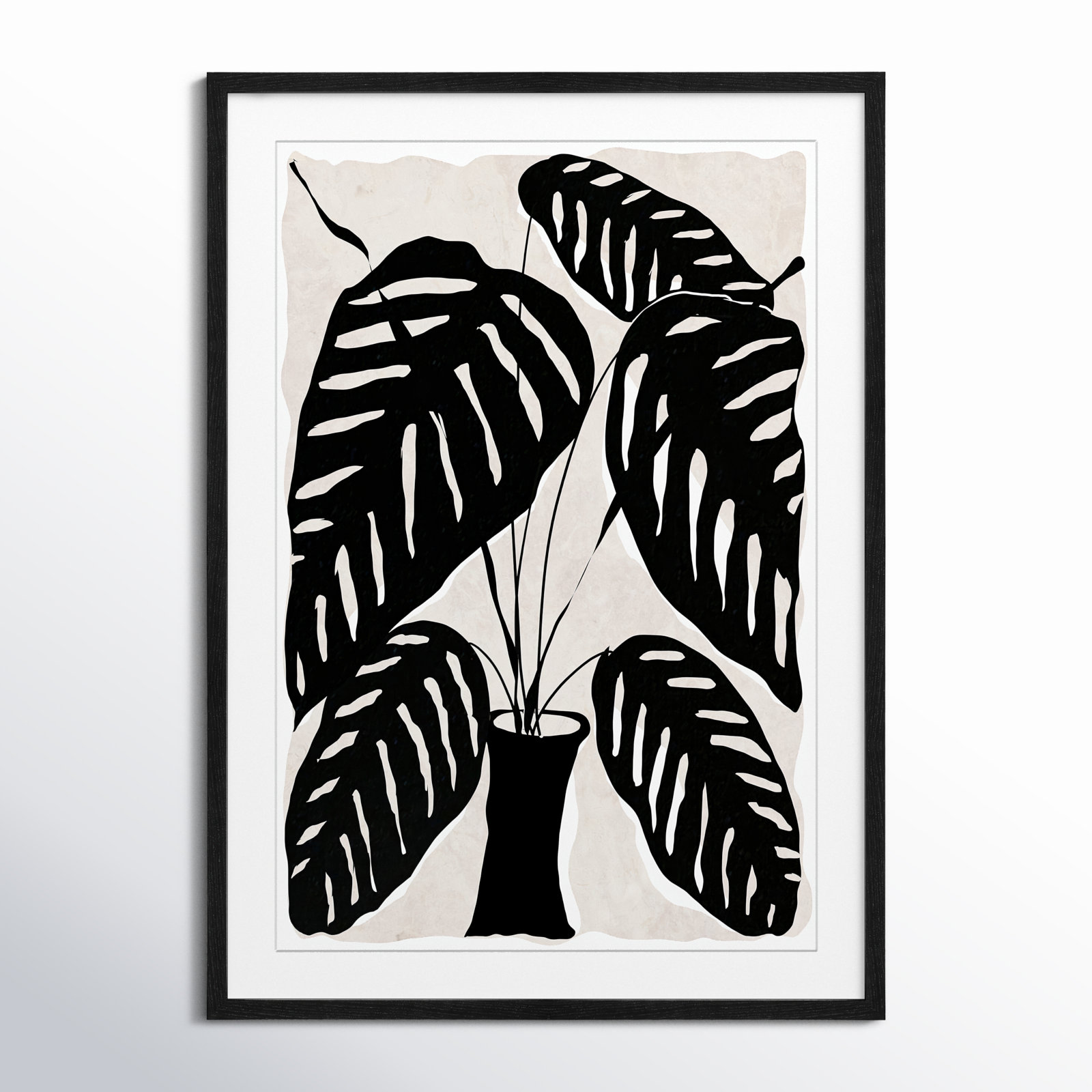 Black and White Potted Plant I Print, 35.5" H x 25.5" W x 0.75" D, Black Framed