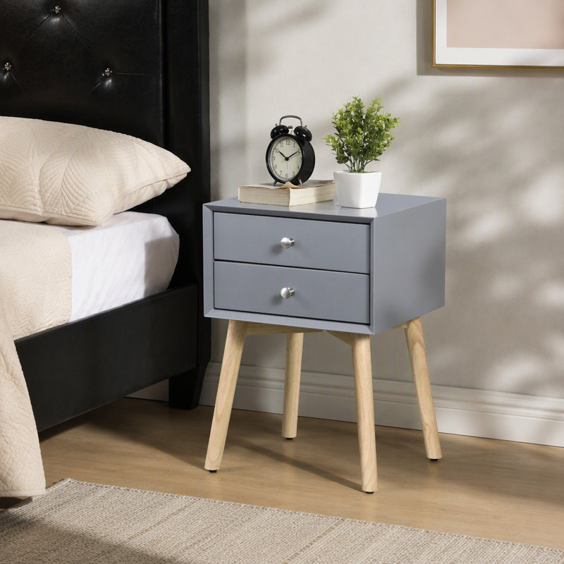 Table d'appoint, table de chevet avec 2 tiroirs et pieds en bois d'hévéa, armoire de rangement moderne Mid-Century pour le salon de la chambre à coucher