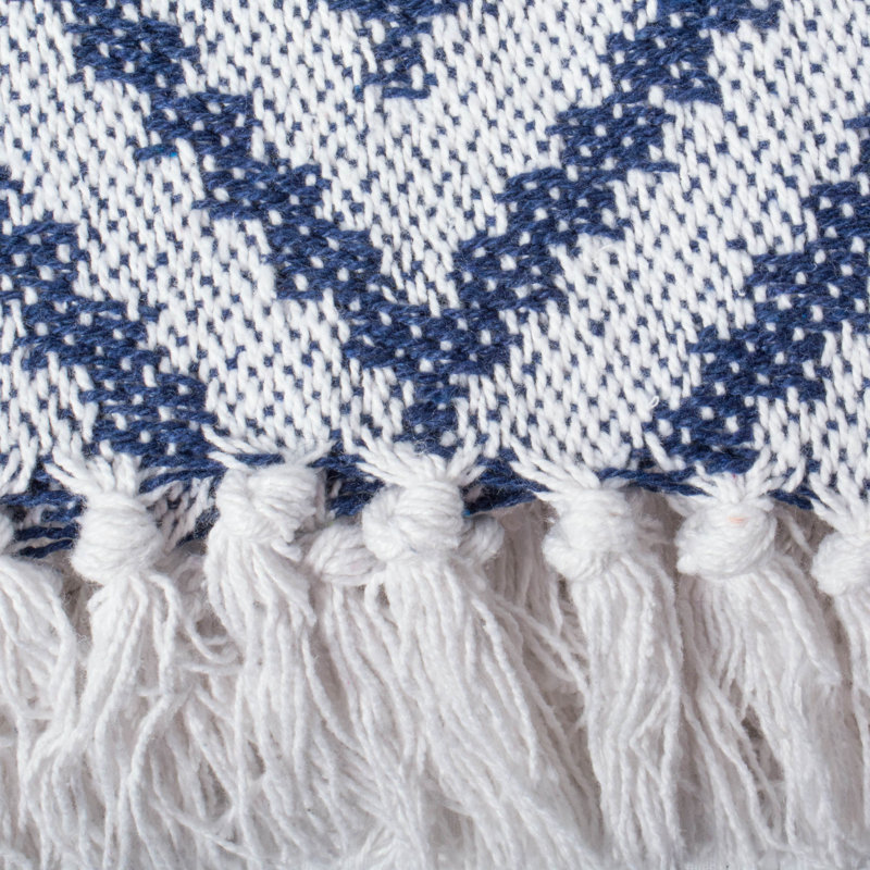 Nautical Blue Chevron Cotton Throw Blanket with Fringe
