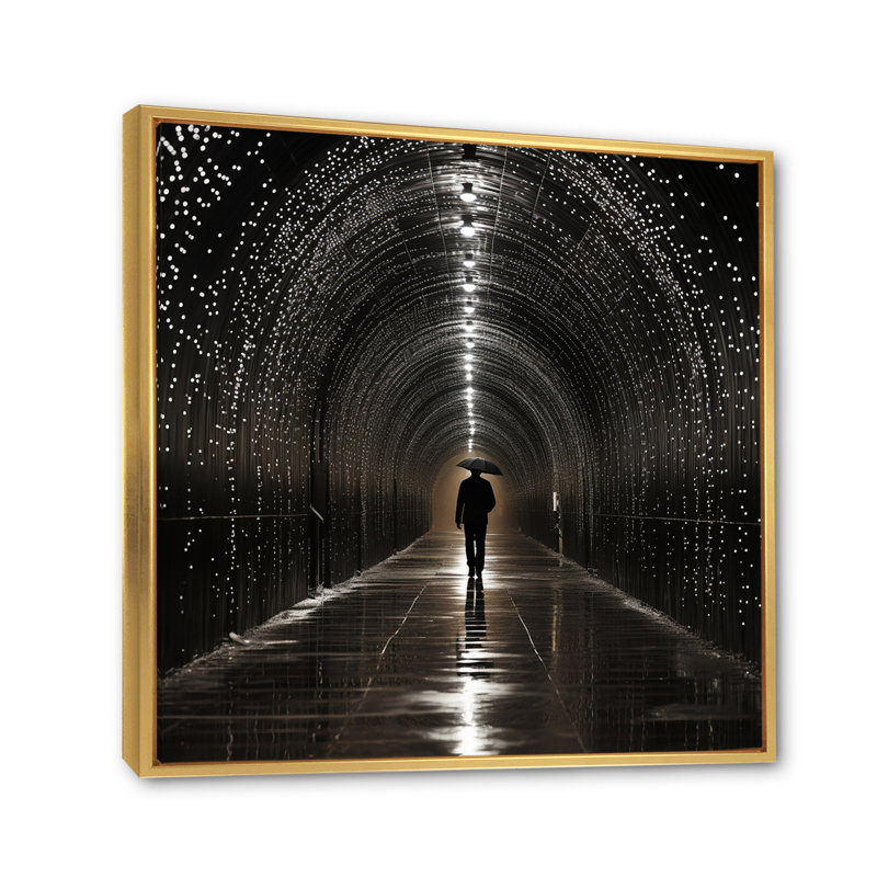 «Black Grey Tunnel Timeless Passage Pointillism II», reproduction sur toile, 24" H x 24" W, Cadre flottant doré