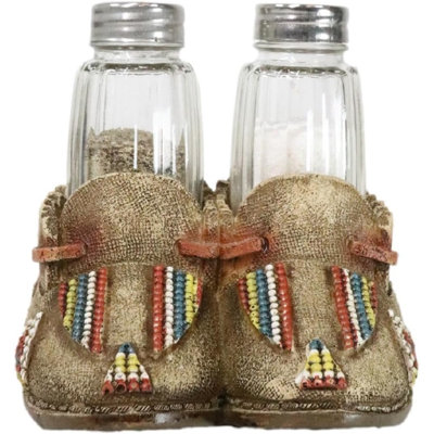Rustic Tribal Native Indian Moccasin Shoe Shaped Salt And Pepper Shakers Holder