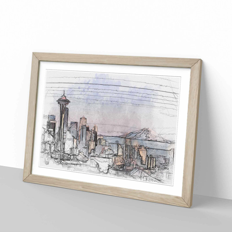 Seattle Skyline in Abstract - Picture Frame Graphic Art Print, 60cm H x 91cm W x 2cm D, Oak