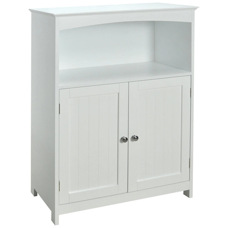  Double Door Bathroom Floor Cabinet with Open Shelf Storage, White