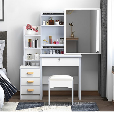 White Makeup Vanity With Mirror And Storage Shelves, 3-drawer Desk With Stool, Modern Dressing Table For Bedroom And Living Room