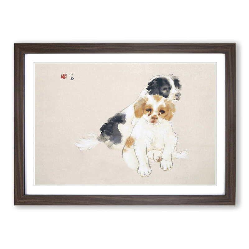 Two Puppies by Takeuchi Seiho - Picture Frame Painting Print, Walnut Framed, 48cm H x 65cm W x 2cm D
