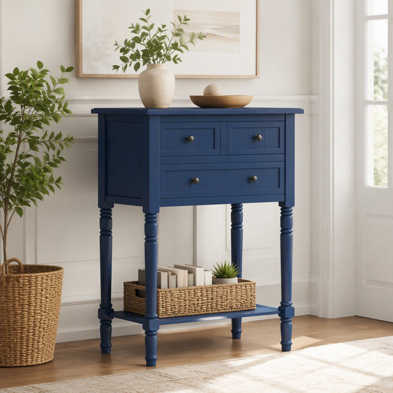 Console étroite, canapé mince avec trois tiroirs de rangement et tablette inférieure, Navy, Navy, Marine