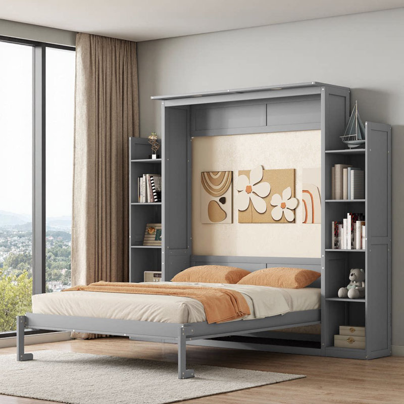 Grand lit escamotable gris avec tablettes et lumières DEL, Gris