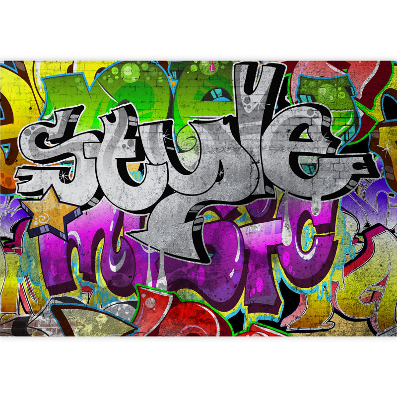 Papier peint adhésif multicolore à motif coloré graffiti vert et mauve 007, L 100 po x l 144 po