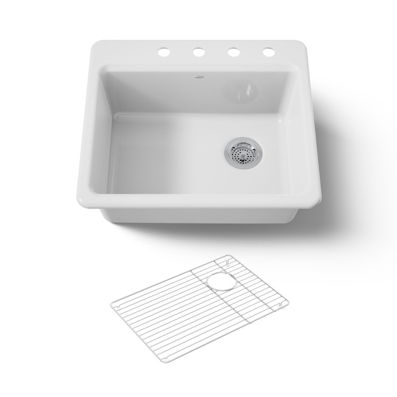 Riverby 25" L x 22" W x 9-5 8" Bar Kitchen Sink with Basin Rack, Biscuit, 4 holes