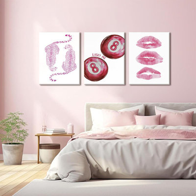 3 Piece Pink Wall Art Trendy Lucky 8 Ball Canvas Framed Wall Art Cute Girly Lips Prints Preppy Pictures Leopard Wall Decor Aesthetic Paintings Teen Girl Artwork For Bedroom Apartment 16X24in