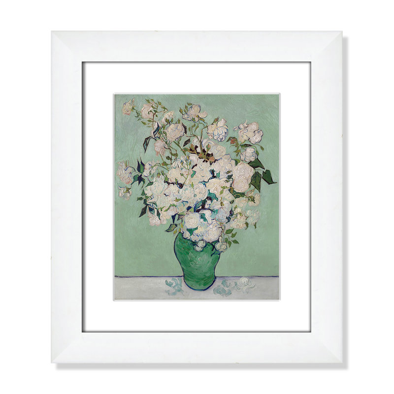 Roses encadrées sur papier par Vincent Van Gogh, reproduction, H 16,5 po x l 14,5 po x P 1,25 po, Cadre cubique blanc mat