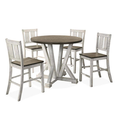 Table de salle à manger à hauteur de comptoir de style rustique 5 pièces, blanc antique et brun cendré, table en bois massif et 4 chaises, blanc chaud / brun cendré