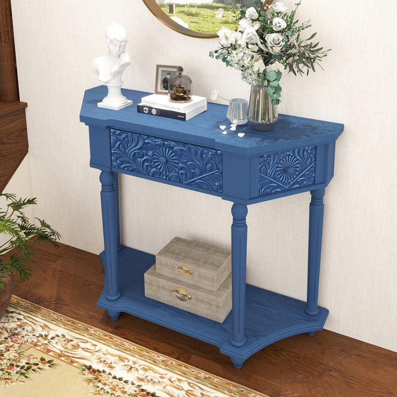 Dechlan End Table with Carved, Console Table with Drawer for Entrance, Living Room, Bedroom., Blue