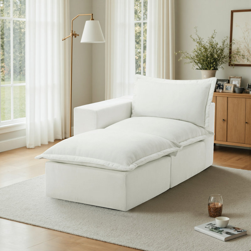 Chaise longue modulaire rembourrée en chenille beige avec repose-pieds amovible - entièrement compressée, aucun assemblage requis