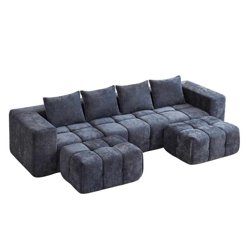 Modular Sofa Set With Ottoman, Compressed No-Frame Boneless Sectional, Blue Chenille, 25" H x 119.3" W x 39.4" D