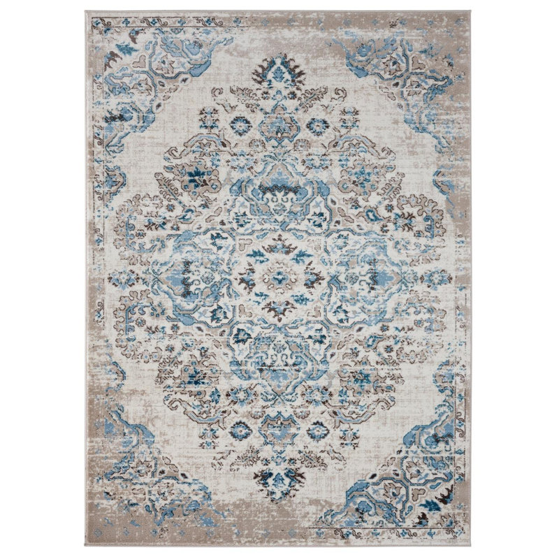 Tapis floral bleu / ivoire en polypropylène tissé à la main Rectangle, Rectangle 5 pi 2 po x 7 pi 2 po