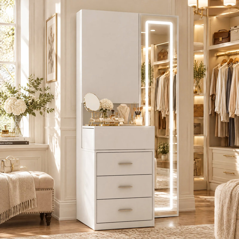 Makeup Vanity Desk with Adjustable Lighted Mirror, Hidden Jewelry Storage and Drawers, Modern Bedroom Dressing Table, White