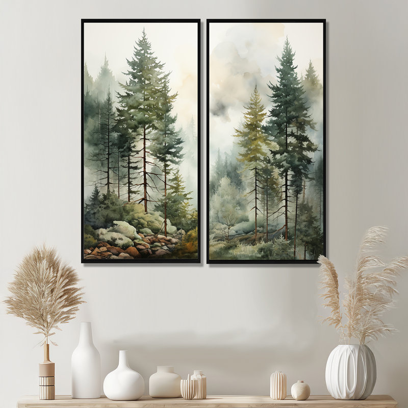 «Pine Tree Misty Morning II», reproductions d'art traditionnel sur toile, 40" H x 40" W, Impression encadrée flottante, Black