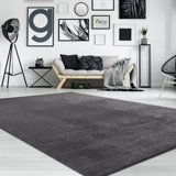 Soft Area Rug In Anthracite Cozy Low-Pile Rug Anti-Slip Solid Color Washable