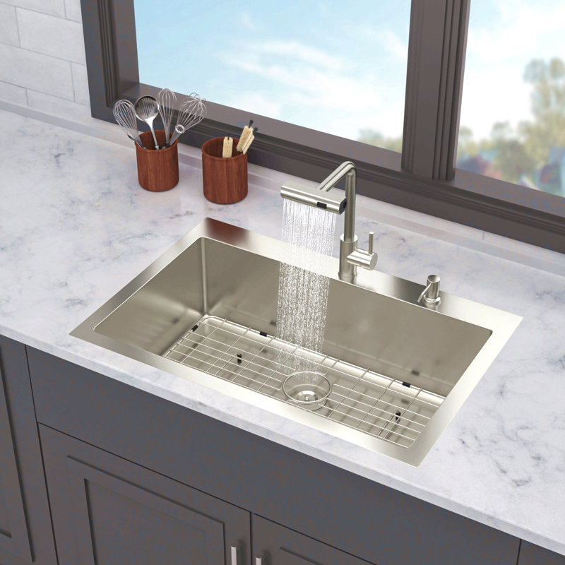 33" Drop-In Kitchen Sink With Pull-Down Faucet And Soap Dispenser - 33 X 22 Inch Single Bowl 16 Gauge Stainless Steel Topmount Kitchen Sink Basin