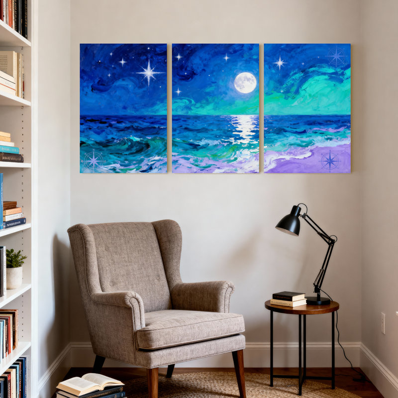 Nautique et plage, nuit étoilée, océan, clair de lune, vagues, ciel, réflexion, ensemble de 3 impressions sur toile