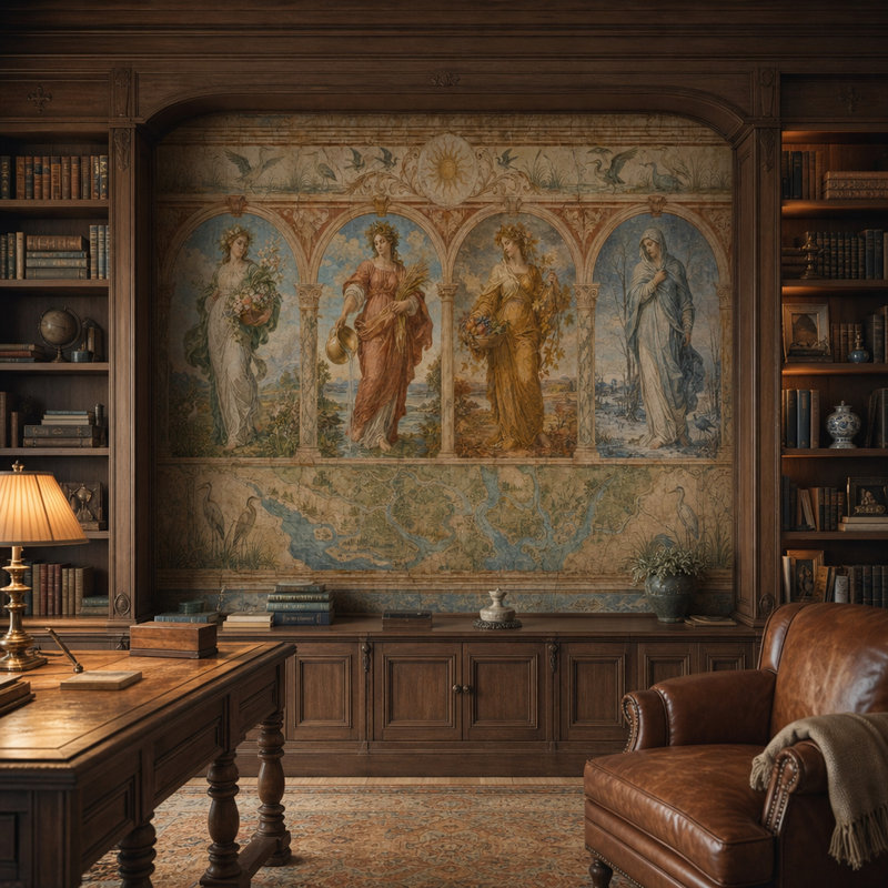 Papier peint mural classique à fresque représentant les quatre saisons et les niches cintrées., 160"x108"