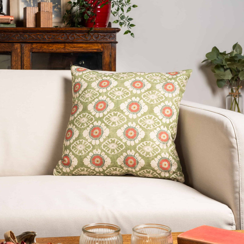 Mandala Motif Linen Print Cushion in Green, 43x43cm, Cover only