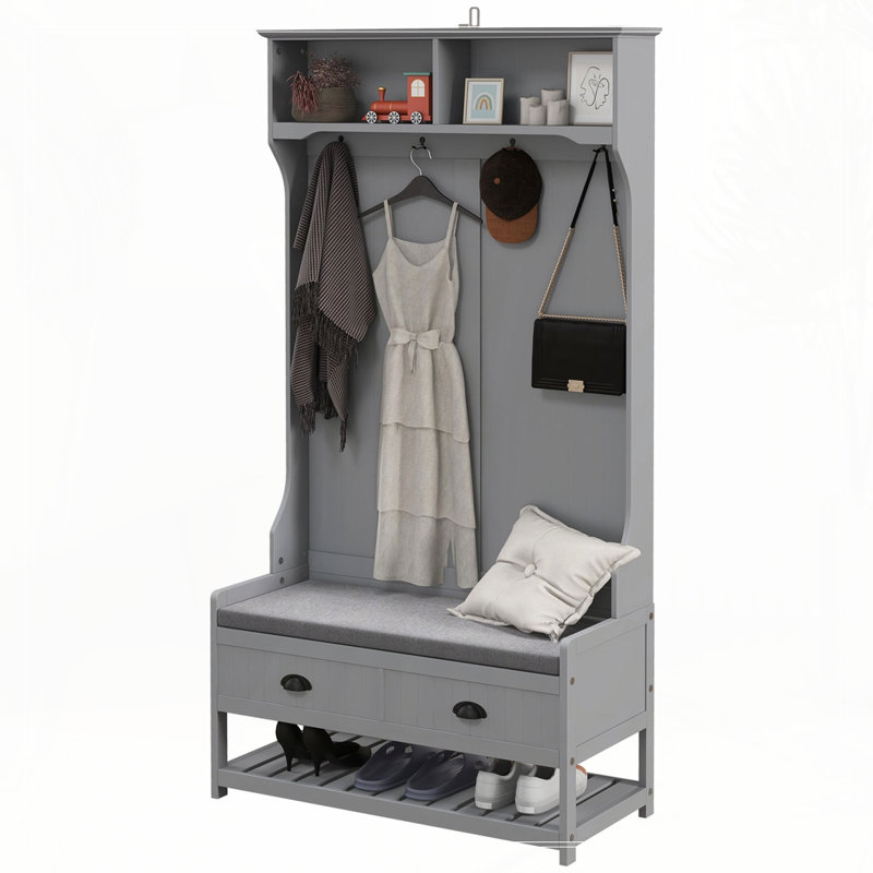3-in-1 Hall Tree, Entryway Bench with Coat Rack, Mudroom Bench with Shoe Rack, 2 Storage Drawers, 4 Hooks and Padded Seat Cushions