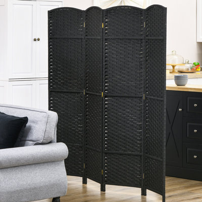 Paravent pliable 4 panneaux. Cloison de 5,6 pi pour le bureau à domicile et la chambre à coucher. Noir, style tissé à la main avec magnifique plateau arqué. Intimité de la cloison polyvalente. Fabriqué en bois massif