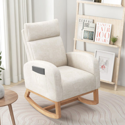 Chaise berçante rembourrée en chenille pour bébé avec structure en bois d'hévéa