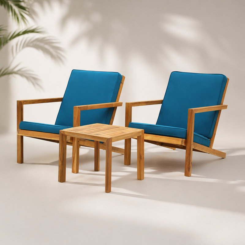 Ensemble de conversation d'extérieur 3 pièces LEAH avec coussins résistants à l'eau et structure en bois d'acacia durable pour une assise confortable