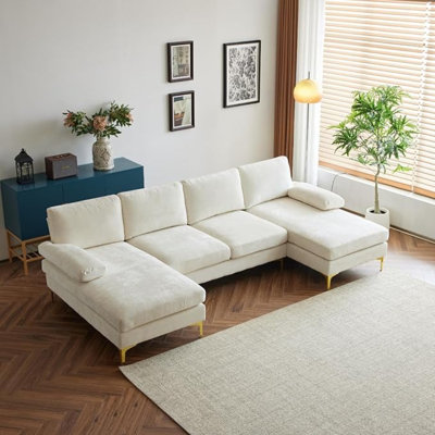 Ensemble de canapé de salon en forme de U 3 pièces en tissu blanc cassé