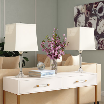 Corda Crystal Candlestick Lamps with Square Shades-Set of 2 Faceted Shiny-Matching Table Lamps-Elegant, Modern Accent Lights-Home Décor