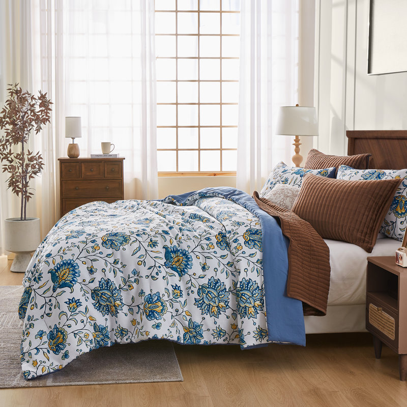King Size Blue Floral Reversible Comforter Set