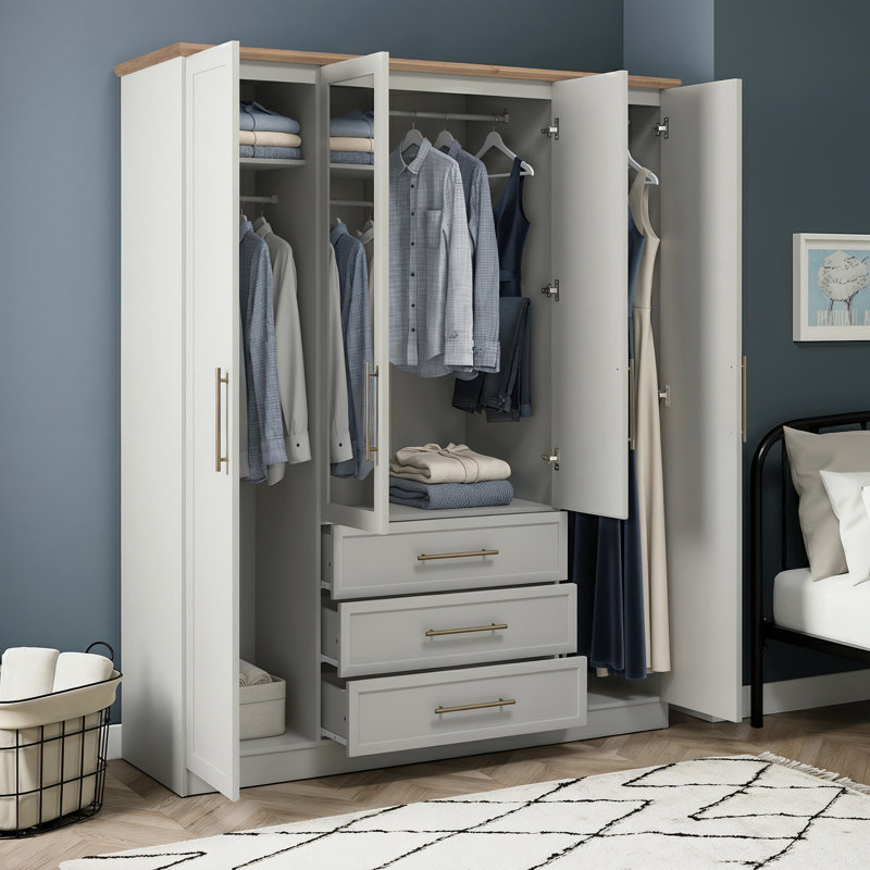 Cleverton 4 Door 3 Drawer Wardrobe with Mirror, Light Grey