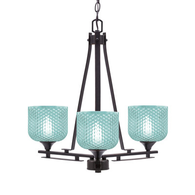 Uptowne 3 Light Uplight Chandelier Shown In Dark Granite Finish With 6" Turquoise Textured Glass