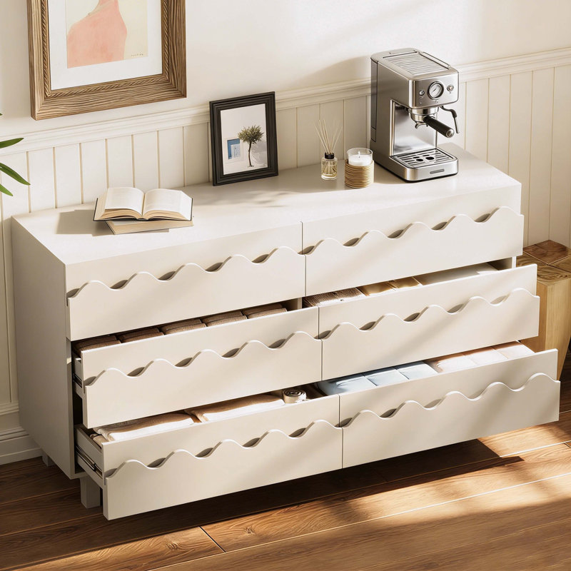 6 Drawer Storage Cabinet with Wave Front Design,Modern TV Stand & Chest of Drawers, Light Oak