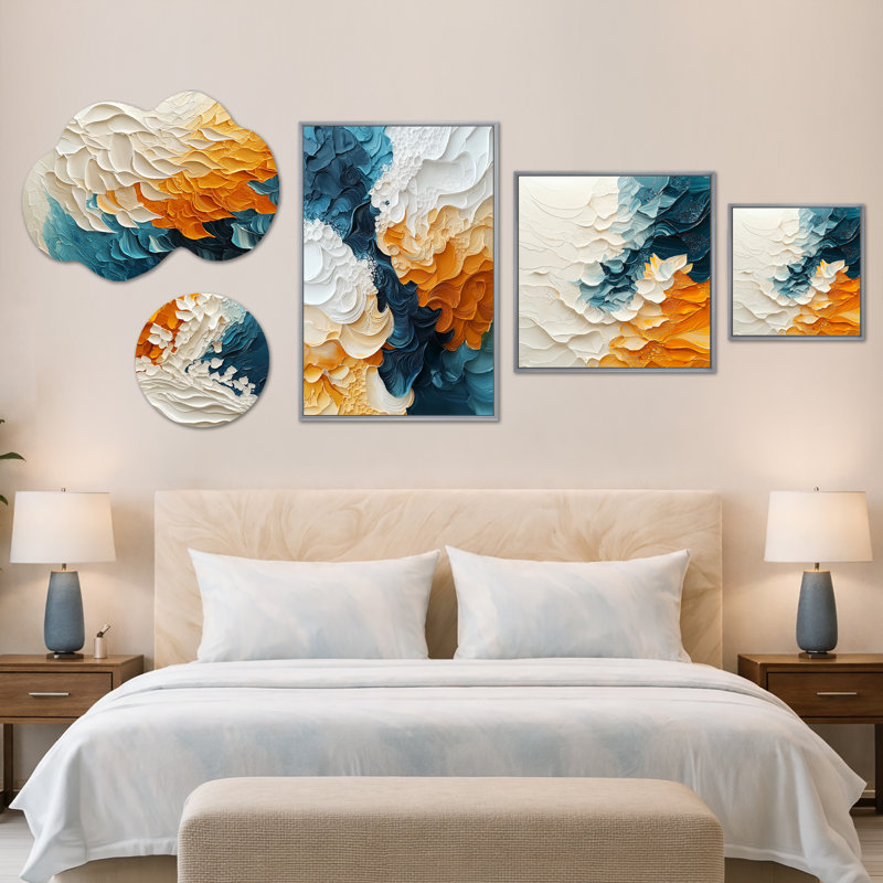 Vague de sable Biomorphism VI - Grand ensemble d'art mural abstrait, toile et métal sur 5 (100 po x 40 po)
