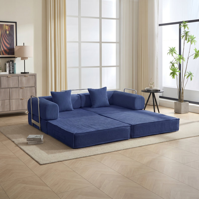 Canapé-lit de 78 po convertible, canapé modulaire en velours côtelé avec 2 coussins, canapé à plancher compressé peu encombrant, idéal pour le salon, la chambre à coucher, un appartement, bleu marine.