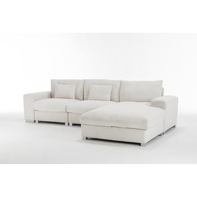 Space Magician Sectional with Ergonomic Backrest and Solid Wood Frame, White Polyester