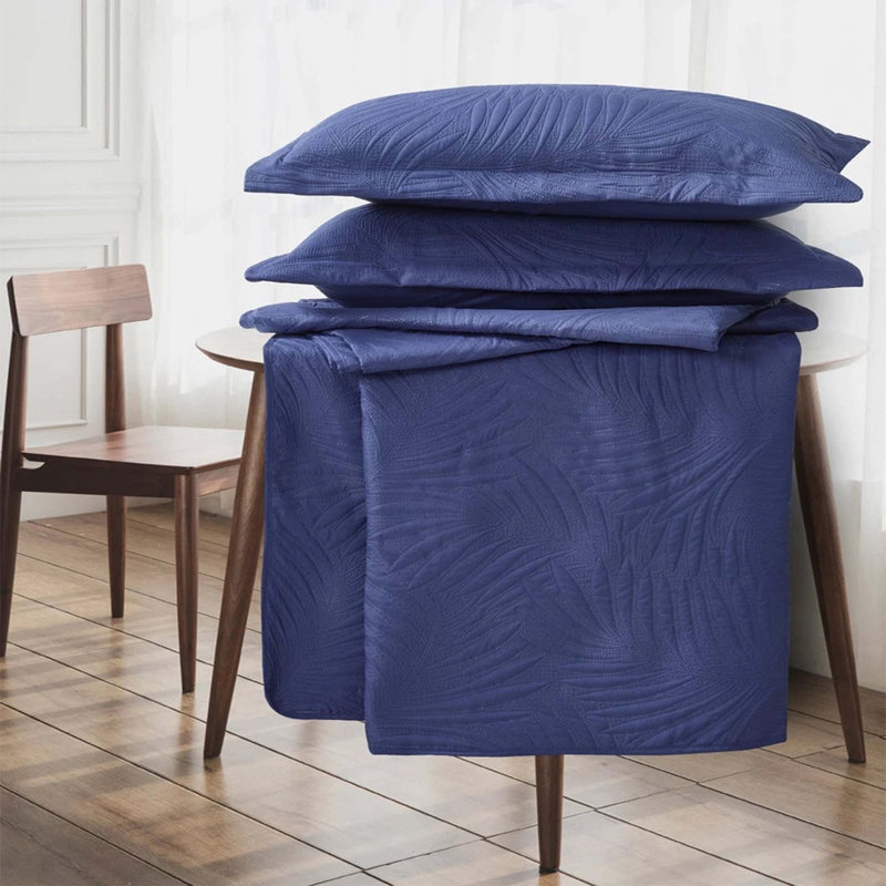 Polyester Floral Bedspread with Pillow Shams, Blue, Double Bedspread  + 2 Standard Pillow Shams