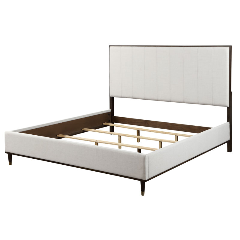 Lit rembourré Dzianis en tissu gris clair, blanc et brun, Grand