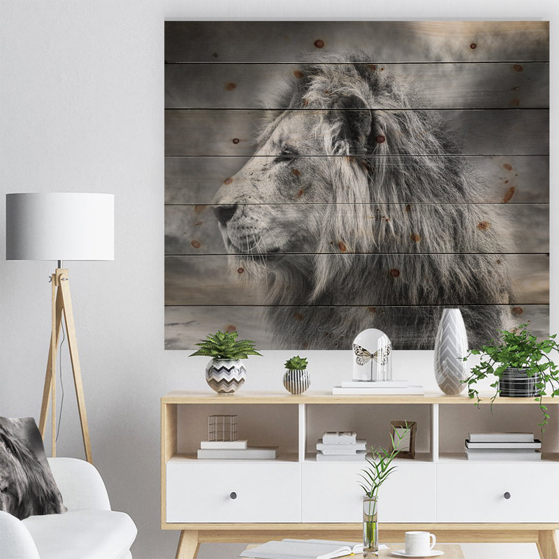 Gris sauvage, lion d'Afrique - impression, H 36 po x l 46 po x P 0,78 po, Bois