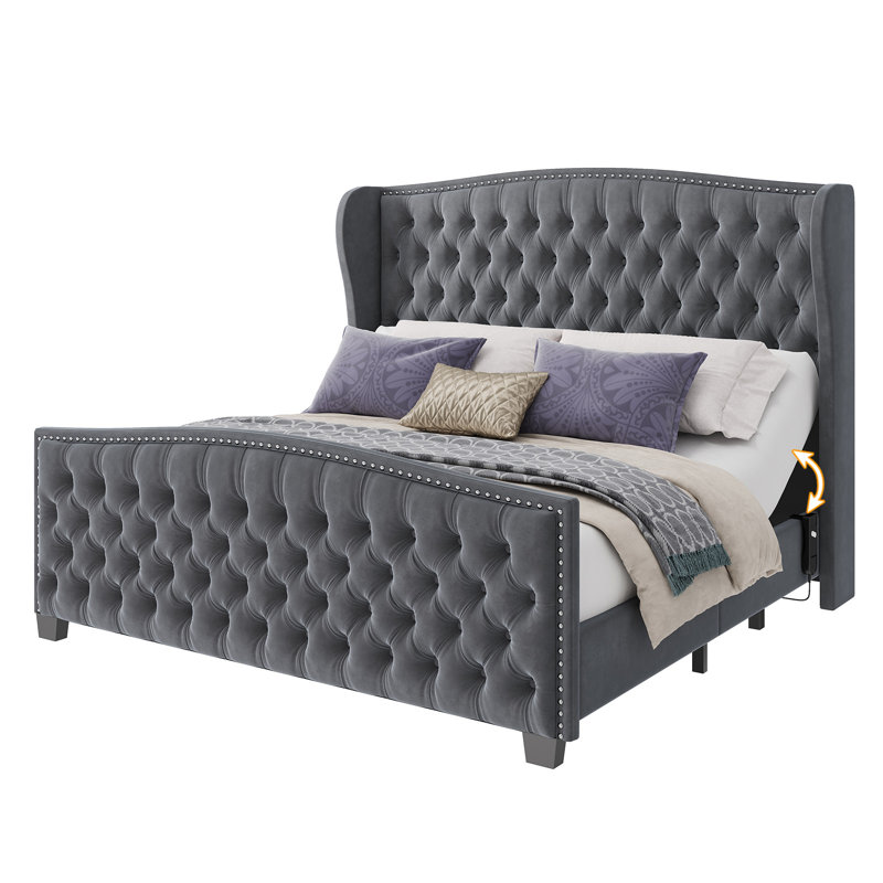50.8" H Velvet Upholstered Adjustable Bed With Wingback Headboard & Deep Button Tufted, Queen, Cream