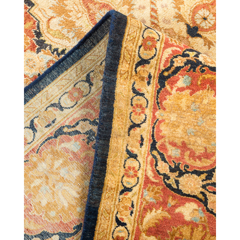 Tapis unique noué à la main bleu / orange / ivoire Oakhur de conception unique 6 pi 2 po x 9 pi Oakhur