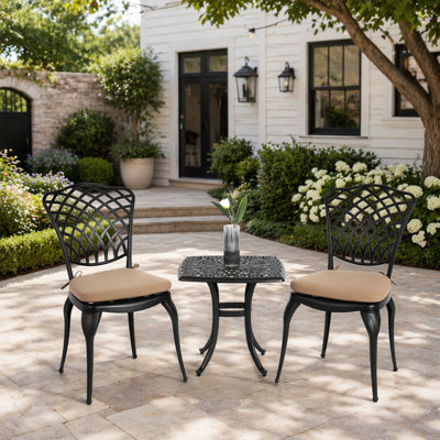 Bistro Set 3 Piece Rustproof Cast Aluminum Patio Furniture with Cushions, Ideal for Outdoor Relaxation and Durability