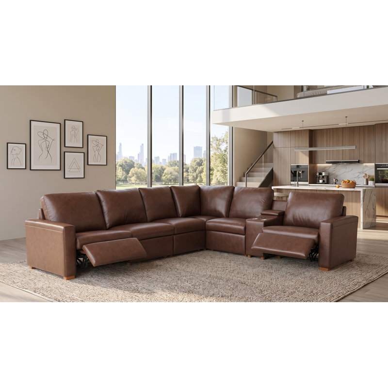 132" W Hudson Recliner Leather-Matched Sectional, Brown Leather Match