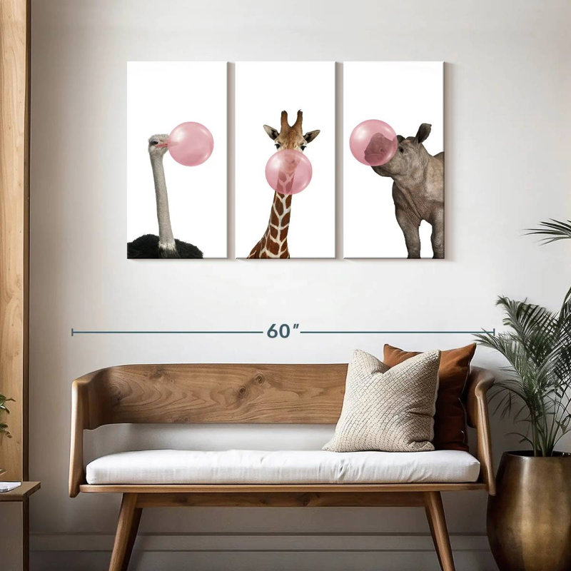 Ensemble de 3 animaux rigolos sur toile, H 28 po x l 45 po